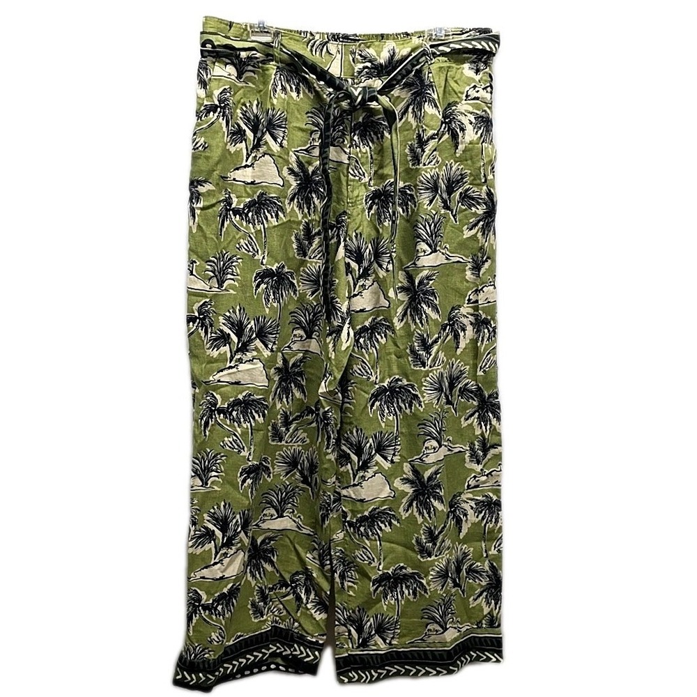 Tahari Tropical Print Linen Wide Leg Pants Belted Boho Resort‎ Coastal sz XL